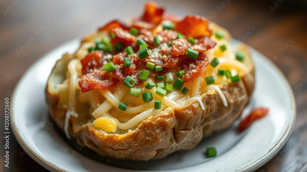 Close-up of a delicious bacon and cheese loaded baked potato topped with fresh chives, savory, meal, chive Close-up of a delicious bacon and cheese loaded baked potato topped with fresh chives, savory, meal, chive