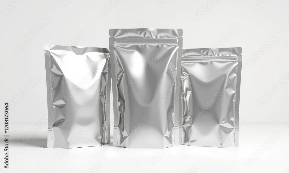Sleek silver foil pouches in various sizes, ideal for packaging snacks or products, showcasing modern and minimalist design. Perfect for branding and marketing Sleek silver foil pouches in various sizes, ideal for packaging snacks or products, showcasing modern and minimalist design. Perfect for branding and marketing