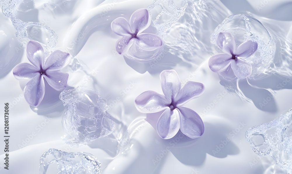 Lilac flowers, ice, cream texture, background, cosmetic ad Lilac flowers, ice, cream texture, background, cosmetic ad