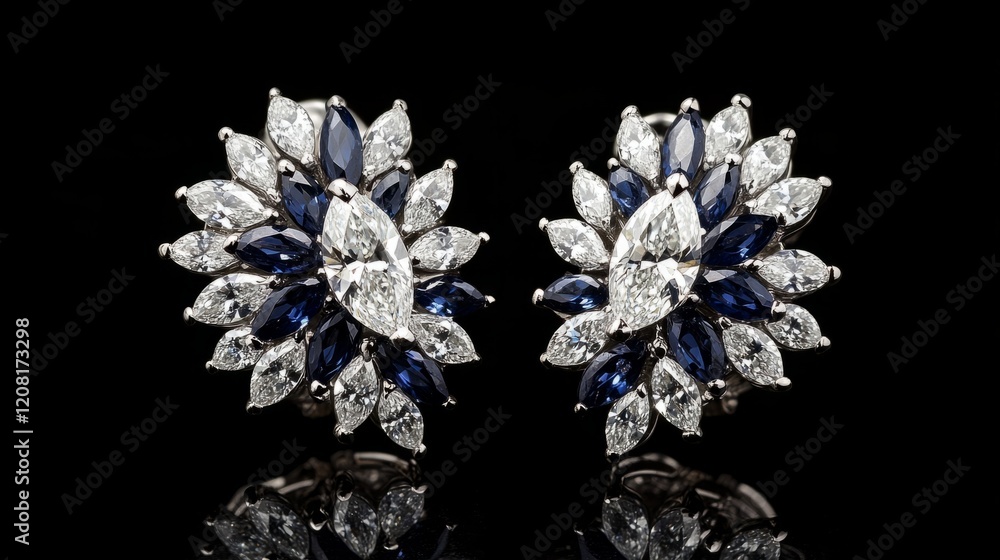 Cluster earrings with a central marquise-cut diamond surrounded by small sapphires, platinum setting, dazzling and bold generative ai Cluster earrings with a central marquise-cut diamond surrounded by small sapphires, platinum setting, dazzling and bold generative ai