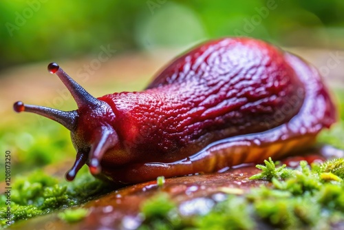 Close-up of a slug with maroon slime coating its body, slug, invertebrate photo