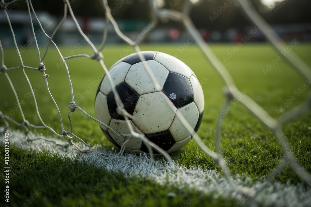 Fototapeta premium a soccer ball sits in the goal net