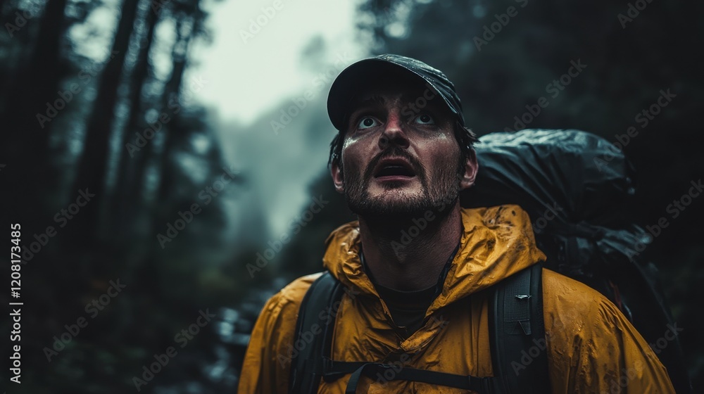 Man hiking in dark foggy forest Man hiking in dark foggy forest