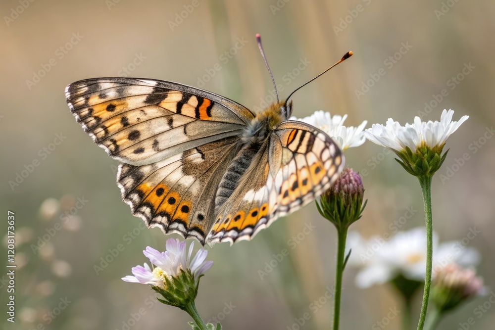 Close-up of a solitary butterfly with intricate details on its wings, form, veins, scales Close-up of a solitary butterfly with intricate details on its wings, form, veins, scales