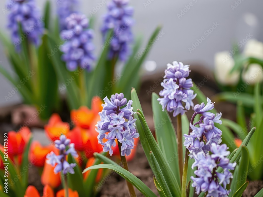 Fototapeta premium Close-up of a vibrant early spring hyacinth bulb on a smooth grey surface, background, gardening, botanical