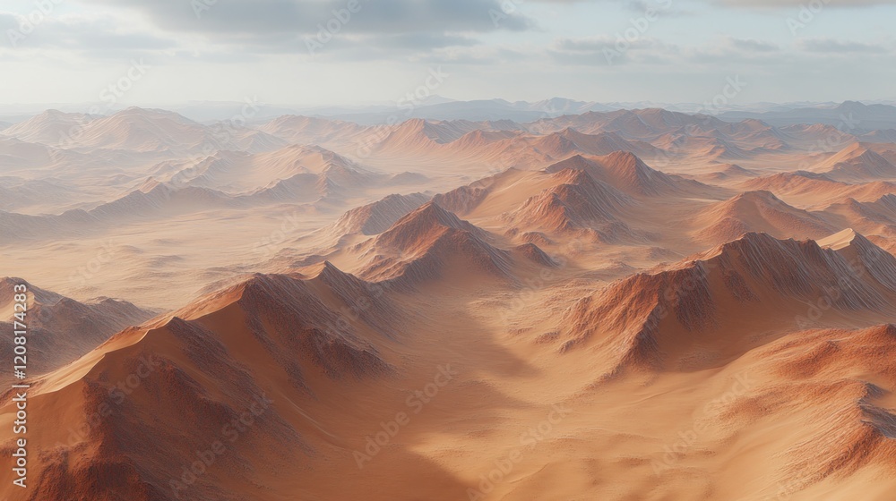 Naklejka premium Aerial view of vast, sunlit desert mountain range.