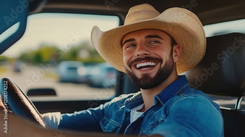 Smiling cowboy driving car in daylight	