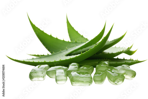 Fresh aloe vera leaves and gel cubes arranged beautifully on a surface for skincare and natural remedies isolated on transparent background photo