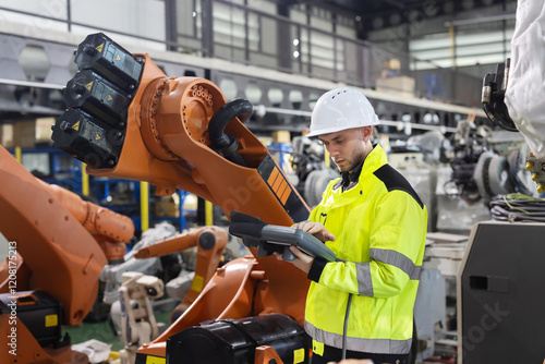 Caucasian worker operates industrial robot arm in a modern factory while looking and smiling to camera