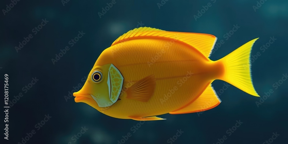 Naklejka premium Close-up of isolated yellow tang fish showing its bright orange fin, brightly colored fish, bright orange fin