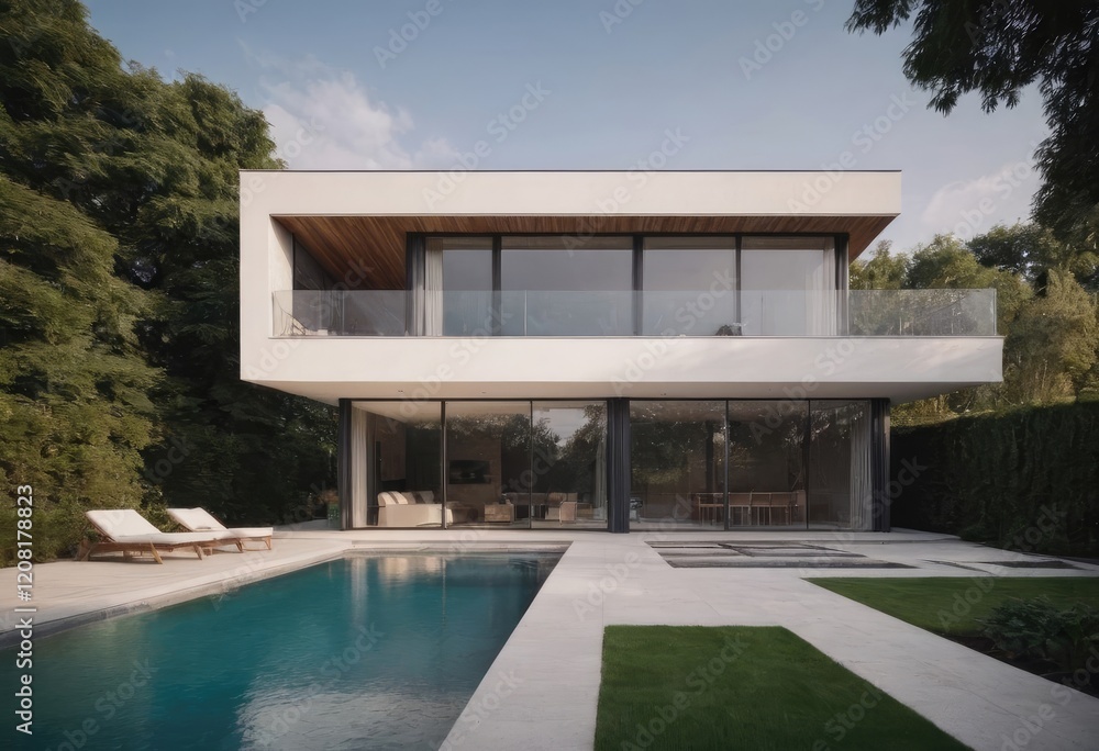 Fototapeta premium This is a modern, stylish house that features a large lawn area in front of it