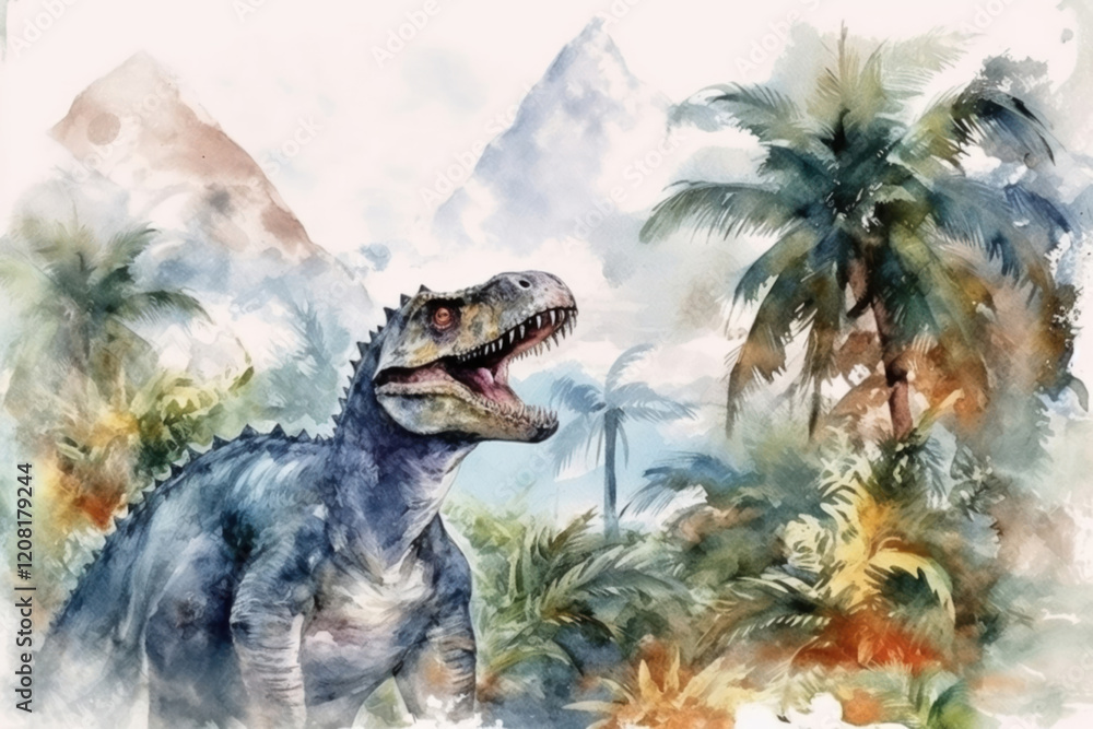 dinosaur in tropical jungle., watercolor style, Generative AI dinosaur in tropical jungle., watercolor style, Generative AI