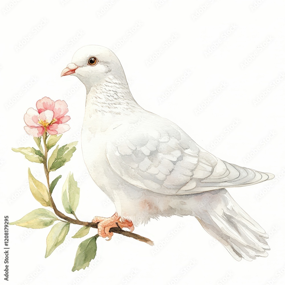 Naklejka premium A white dove is perched on a branch with a pink flower
