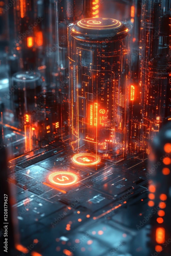 Futuristic neon cyber technology circuit concept with glowing orange lights and tubes Futuristic neon cyber technology circuit concept with glowing orange lights and tubes
