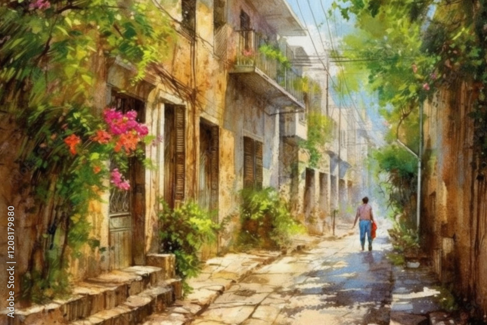 idylistic landscape of a cute street in a small city on a sunny summer day, many flowers on the street, steps., watercolor painting , Generative AI idylistic landscape of a cute street in a small city on a sunny summer day, many flowers on the street, steps., watercolor painting , Generative AI