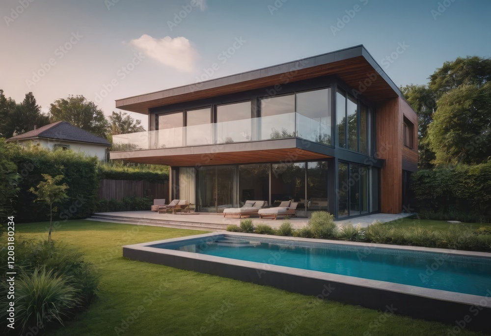 This is a modern, stylish house that features a large lawn area in front of it This is a modern, stylish house that features a large lawn area in front of it
