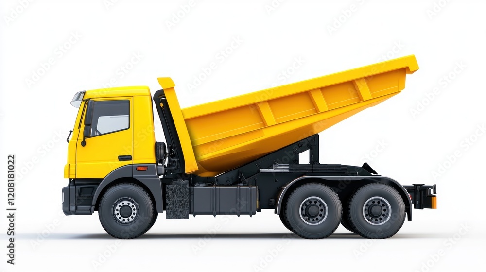 Yellow dump truck unloading, studio shot, white background, construction (1) Yellow dump truck unloading, studio shot, white background, construction (1)