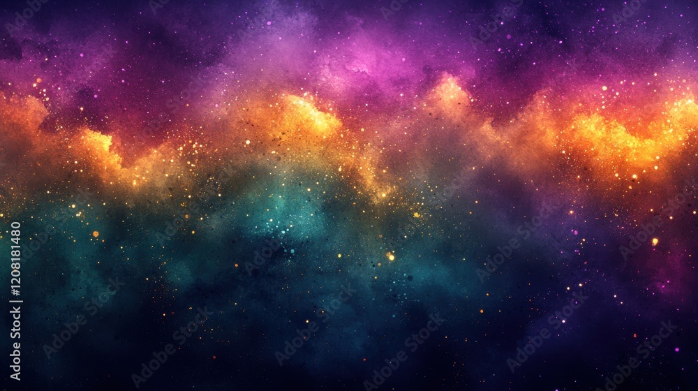 Fototapeta premium Vibrant cosmic nebula with stars: purple, orange, and teal galactic cloudscape