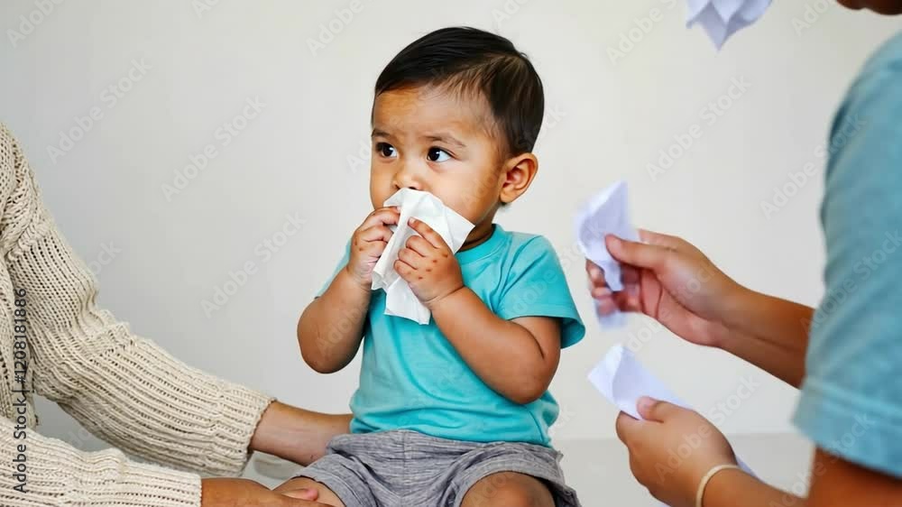 A Child's Tender Care: A sweet, innocent child, wrapped in the comfort of a parent's embrace, gently blows his nose with a tissue. A Child's Tender Care: A sweet, innocent child, wrapped in the comfort of a parent's embrace, gently blows his nose with a tissue.