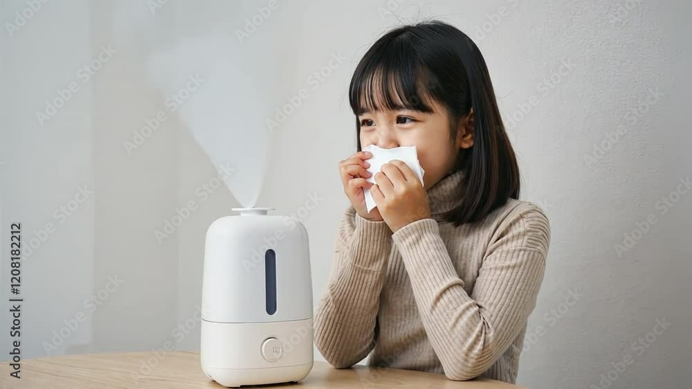 Little Girl Using Humidifier: A young girl with dark hair gently holds a tissue to her nose, sitting near a modern humidifier, suggesting relief from dry air or cold symptoms. Little Girl Using Humidifier: A young girl with dark hair gently holds a tissue to her nose, sitting near a modern humidifier, suggesting relief from dry air or cold symptoms.