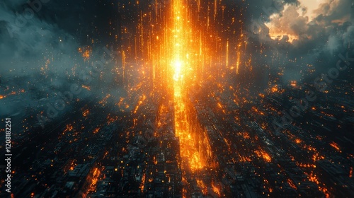 Burning city portal, fiery sky, apocalyptic scene