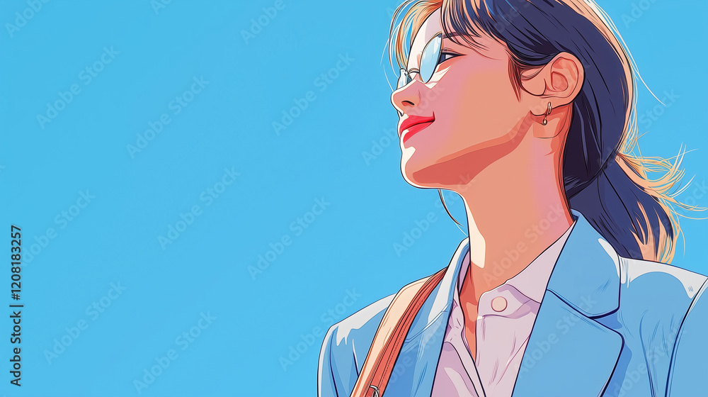 A captivating Anime illustration of a young woman with a confident and optimistic expression, gazing towards a bright blue sky, evoking a sense of hope and aspiration. AI A captivating Anime illustration of a young woman with a confident and optimistic expression, gazing towards a bright blue sky, evoking a sense of hope and aspiration. AI