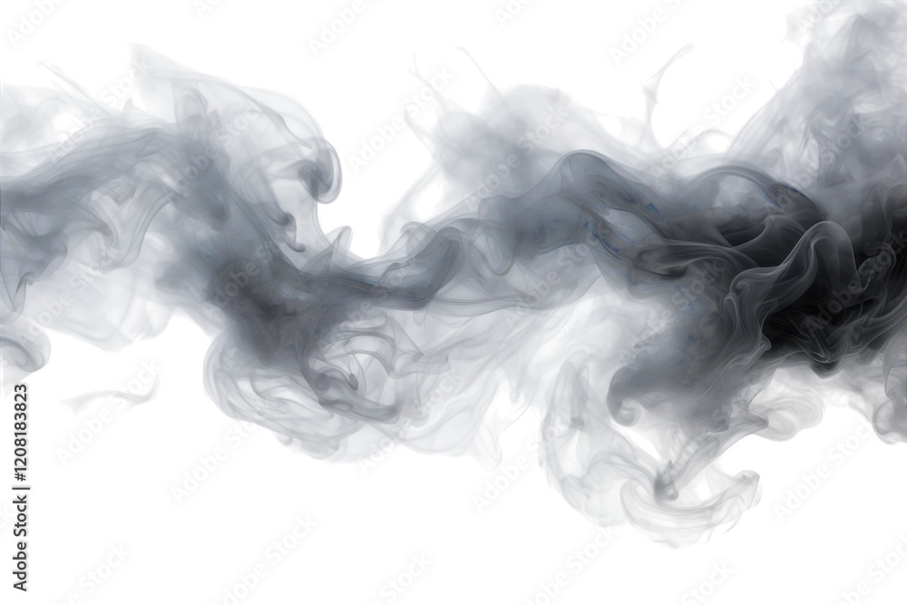 Abstract black smoke patterns create a dramatic visual effect on a white background emphasizing fluid movement and texture isolated on transparent background