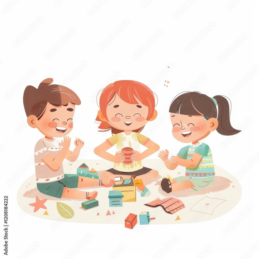 Three children are playing with blocks on a carpet Three children are playing with blocks on a carpet