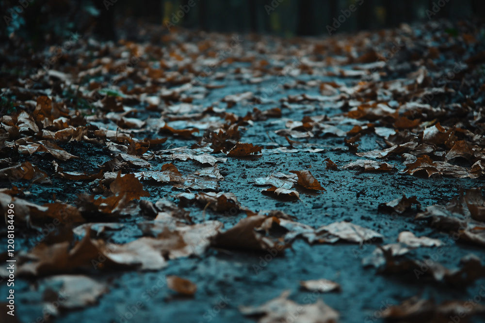 a path with leaves on the ground and a forest in the background a path with leaves on the ground and a forest in the background