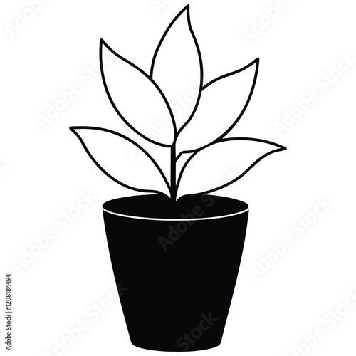 Black plant on pot of flower vector art illustration icon logo