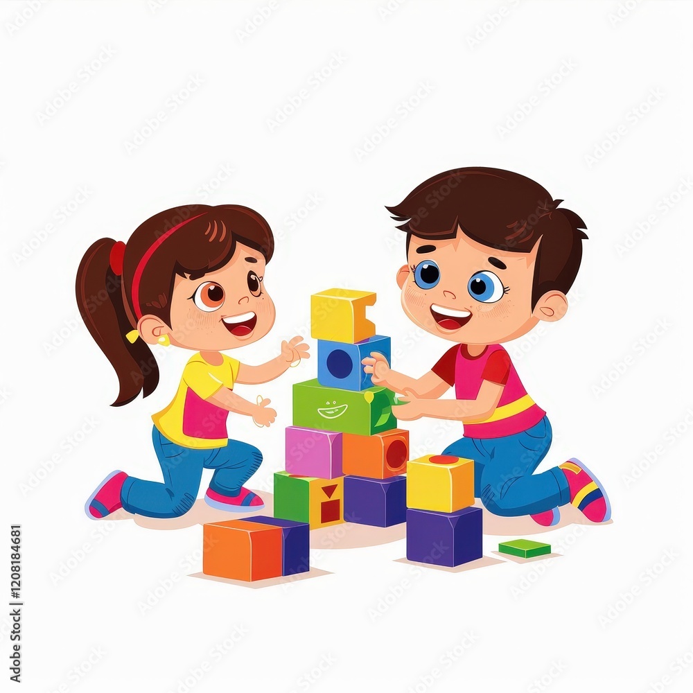 A boy and a girl are playing with blocks A boy and a girl are playing with blocks