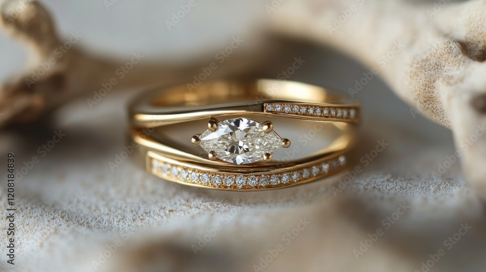Double band ring design with an open space between them, with a marquise diamond on one band and a pave setting. generative ai Double band ring design with an open space between them, with a marquise diamond on one band and a pave setting. generative ai