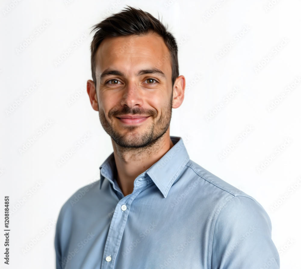 Portrait of a handsome young man smiling and wearing a light blue shirt, isolated over a white background
Portrait of a handsome young man smiling and wearing a light blue shirt, isolated over a white background