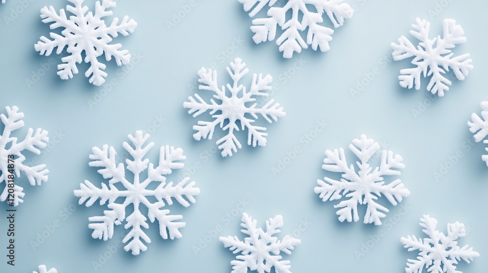 A beautiful arrangement of white snowflakes on a soft blue background, evoking a wintry atmosphere. A beautiful arrangement of white snowflakes on a soft blue background, evoking a wintry atmosphere.