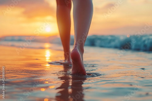 Generative AI Image of Female Legs Walking Along the Beach at Sunset, Evoking Summer Vacation Vibes