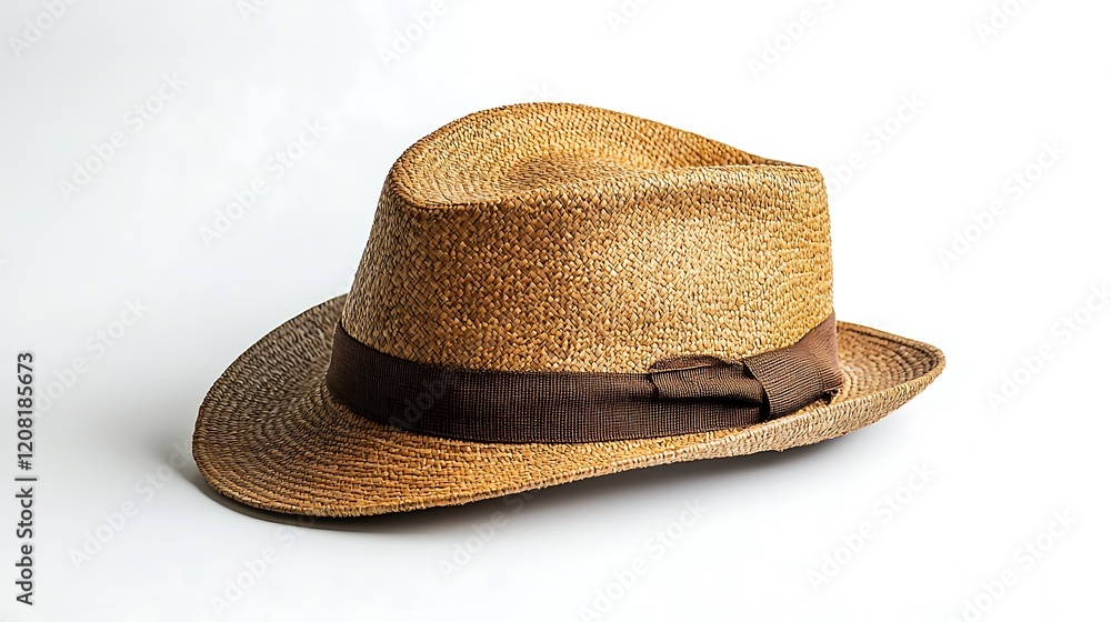 A brown straw hat with a brown feather on it A brown straw hat with a brown feather on it