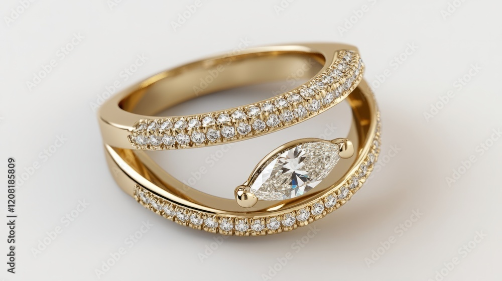 Double band ring design with an open space between them, with a marquise diamond on one band and a pave setting. generative ai Double band ring design with an open space between them, with a marquise diamond on one band and a pave setting. generative ai