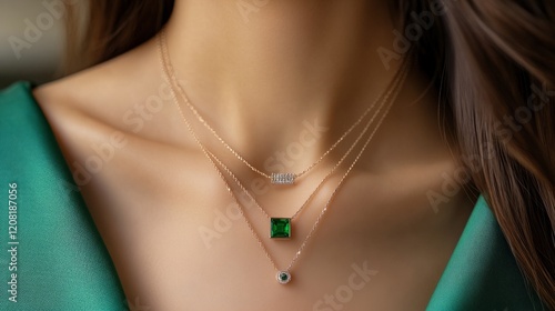 Double layer necklace with a small diamond disc on the first layer and a rectangular emerald pendant. generative ai