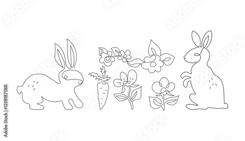 Continuous one line drawing of Easter bunny, flowers, rabbit, carrot. Animals, sketch. Cute silhouette of hare with ears in simple minimalist style. Set of linear icons.