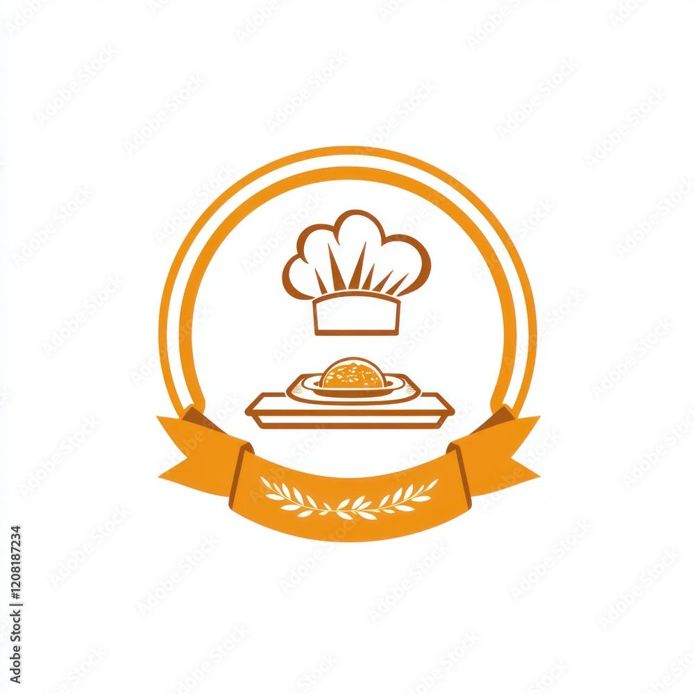 Cook's hat above a food dish, within a circle frame and banner, for cooking design or menu Cook's hat above a food dish, within a circle frame and banner, for cooking design or menu