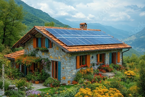 Charming stone houses with solar panels on roofs, surrounded by colorful gardens and scenic mountain landscapes under cloudy skies. photo