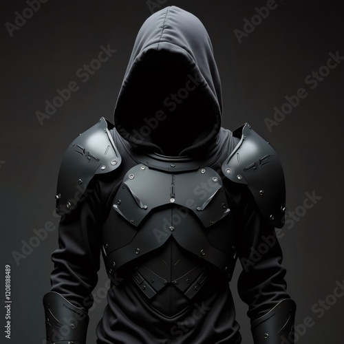 A hooded figure clad in dark, matte armor stands against a dark backdrop photo