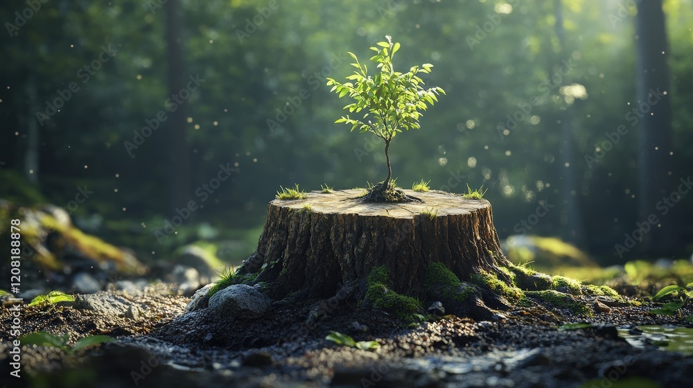 A small tree is growing out of a tree stump A small tree is growing out of a tree stump