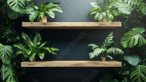 Set of Empty Natural Wooden Shelves with Lush Green Tropical Plants

 photo