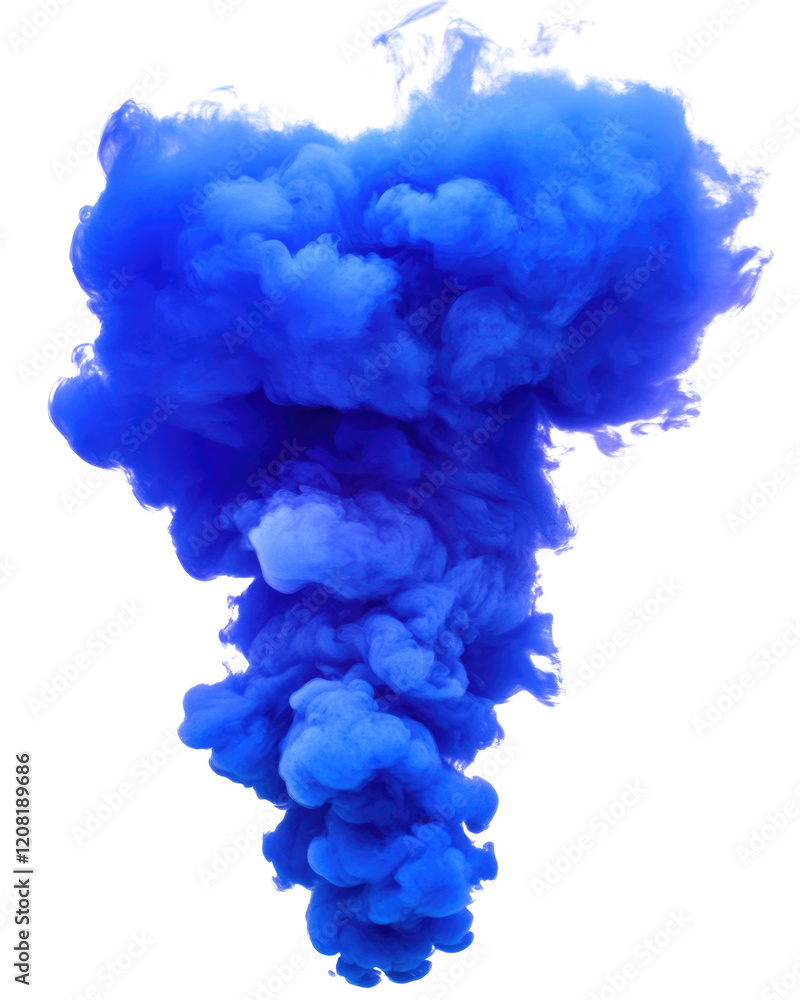 Fototapeta premium A dense cloud of ultramarine smoke rises gracefully against a pure white background