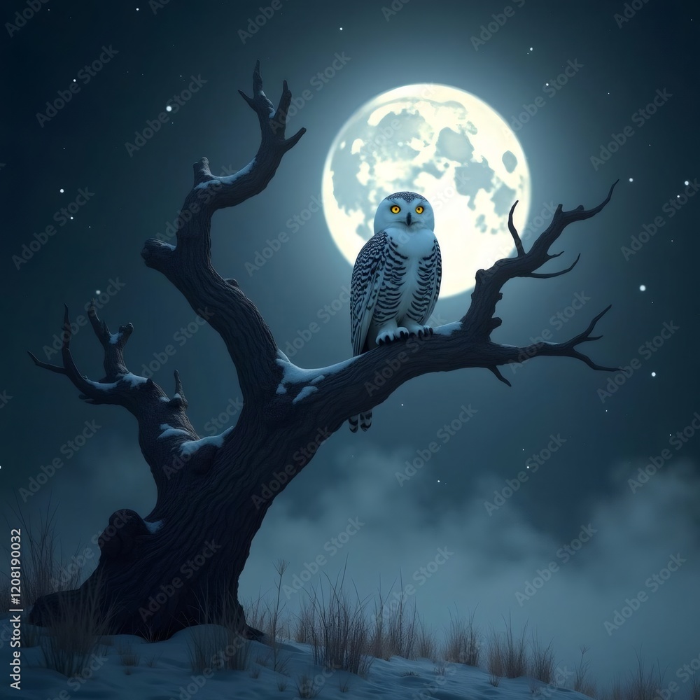 Fototapeta premium A snowy owl perches on a bare, snow-dusted tree branch under a bright moon