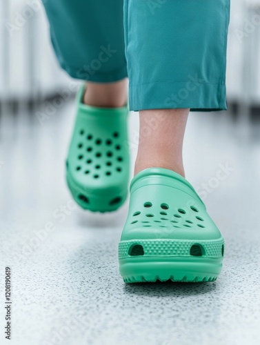 A person walks in green clogs on a polished floor, highlighting the comfort and casual style of footwear.