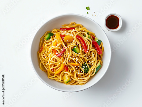 Clean product shot highlighting egg noodles and vibrant vegetables, ideal for food product advertising. photo