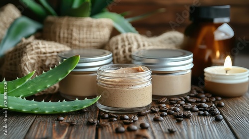 Aloe vera and coffee organic beauty creams in glass jars on wooden surface with natural decor and warm candlelight eco-friendly spa products photo