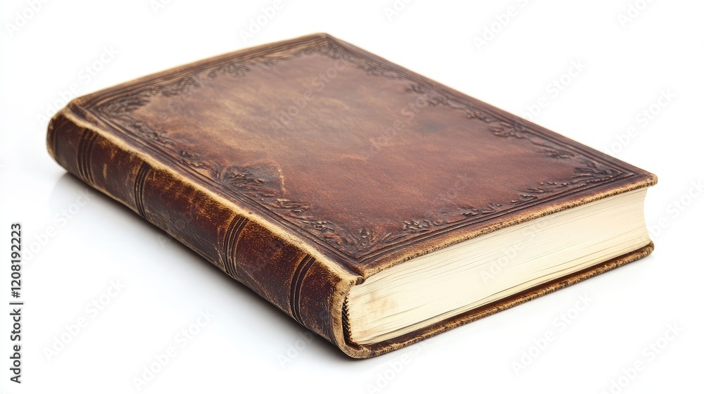 Antique leather-bound notebook on a white background showcasing vintage craftsmanship and elegance. Antique leather-bound notebook on a white background showcasing vintage craftsmanship and elegance.